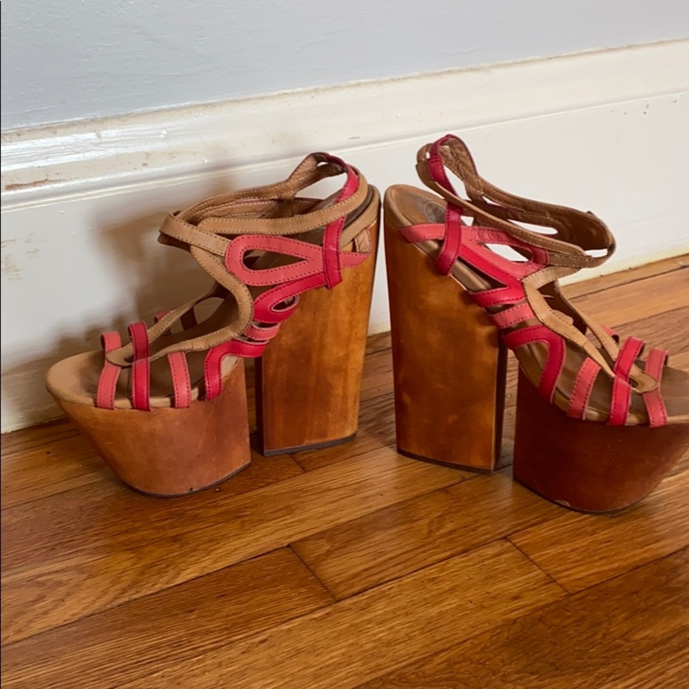 Jeffrey Campbell 4 Evz heels in coral and tan
